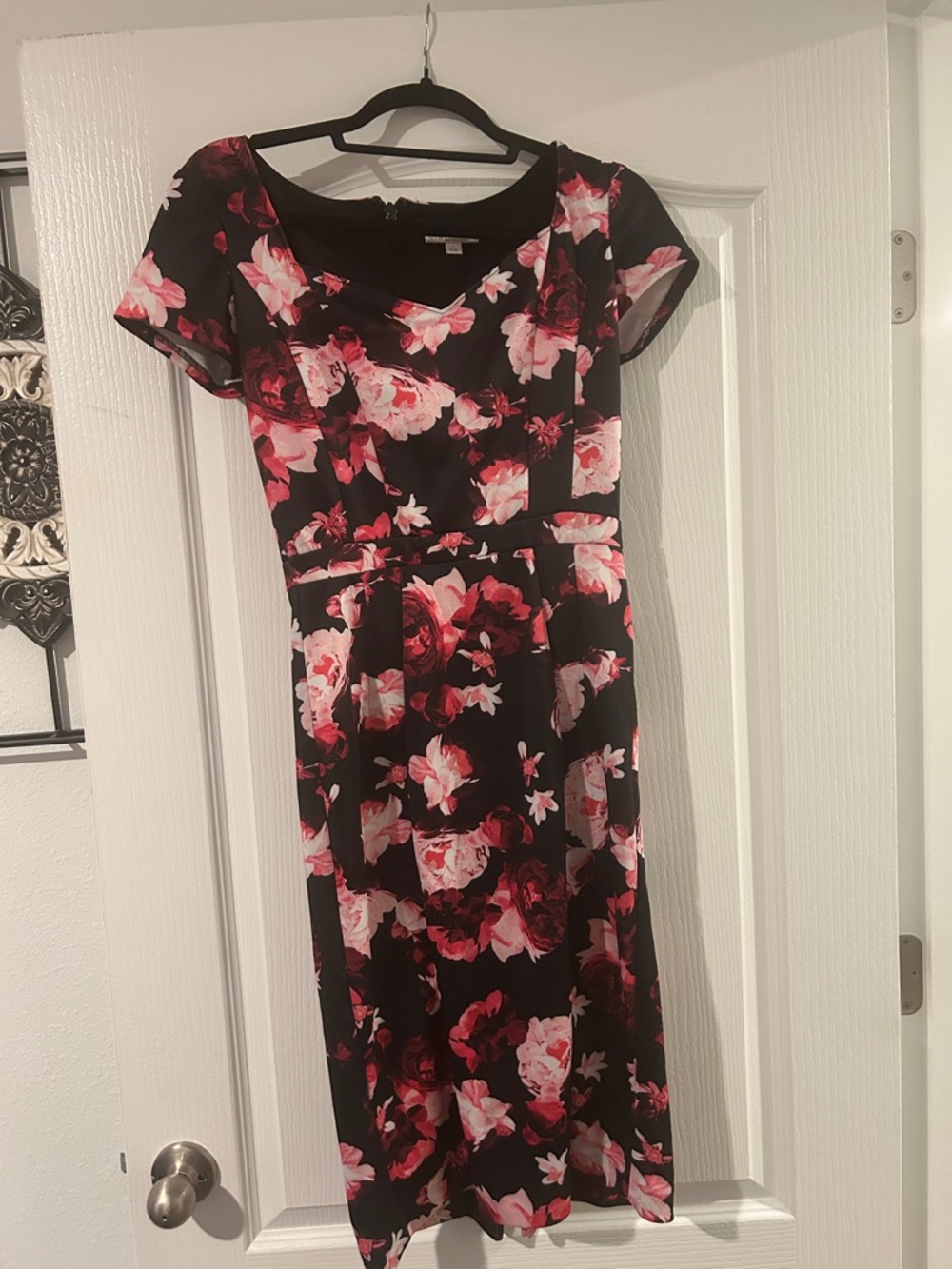 Black Floral Midi Dress with Pink Rose Print by